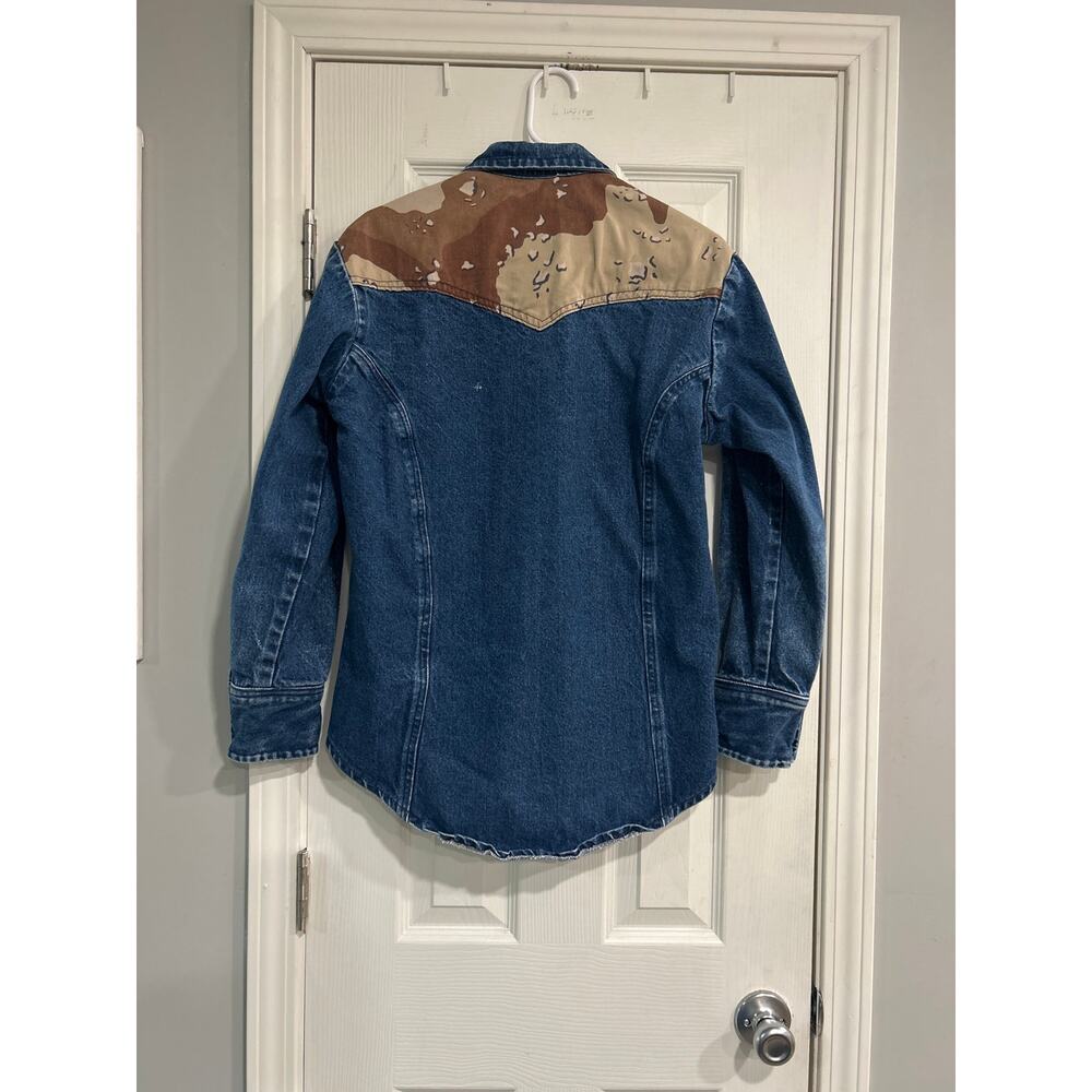 Vtg 70s Lee Western Denim Shirt Men M West Cal 45 Snaps Custom Camo Distressed - Picture 9 of 11